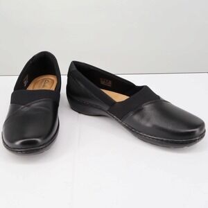 Clarks Cora Charm Black Leather Slip On Flats Wide Comfort Work Shoes 7.5 W Wide